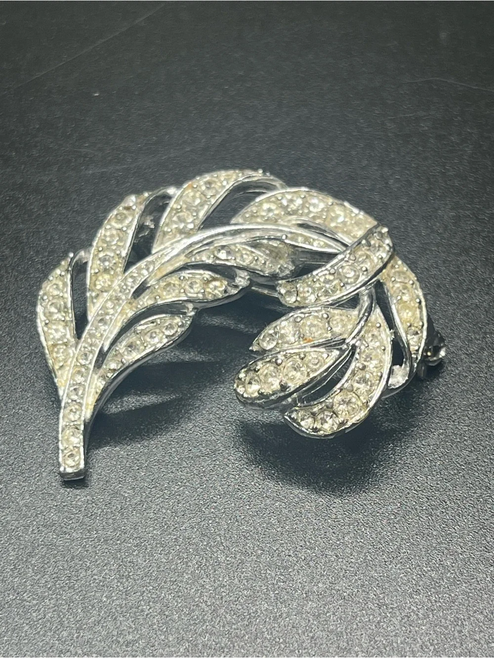 Vintage Lisner Rhinestone Leaf Brooch Silver Tone Signed Mid Century